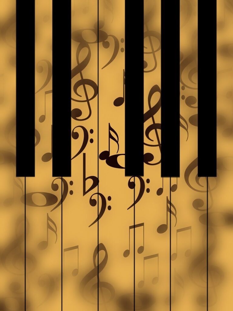 drawing of musical notes and piano keys